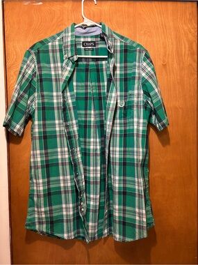 Chaps Green and White Plaid Short-Sleeve Button-Down Shirt